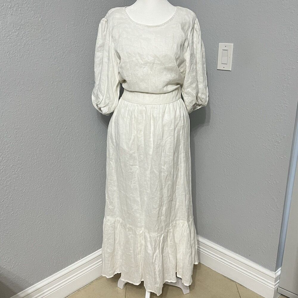 Faithfull The Brand NWT Janielle Linen Midi Dress White Size US12 Cottage Core